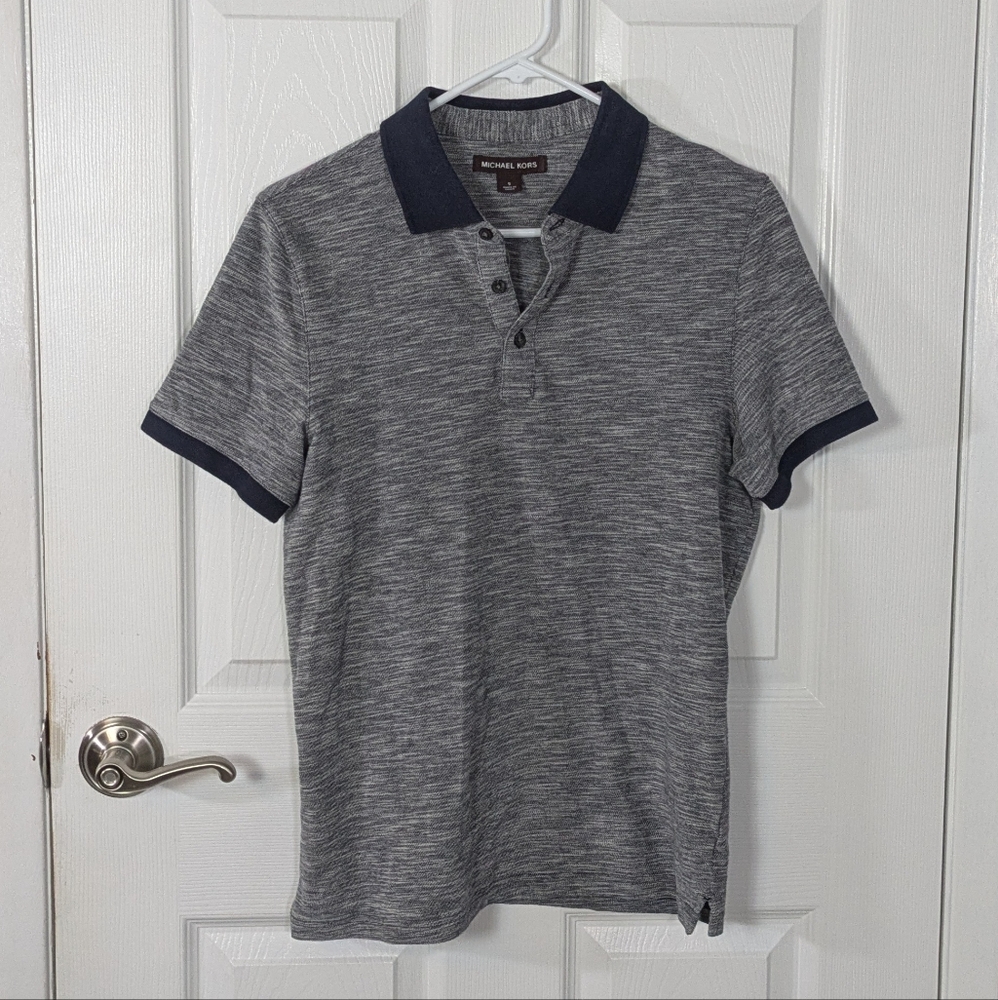 Michael Kors 100% Cotton Heathered Gray Polo Shirt with Navy Accents Size S